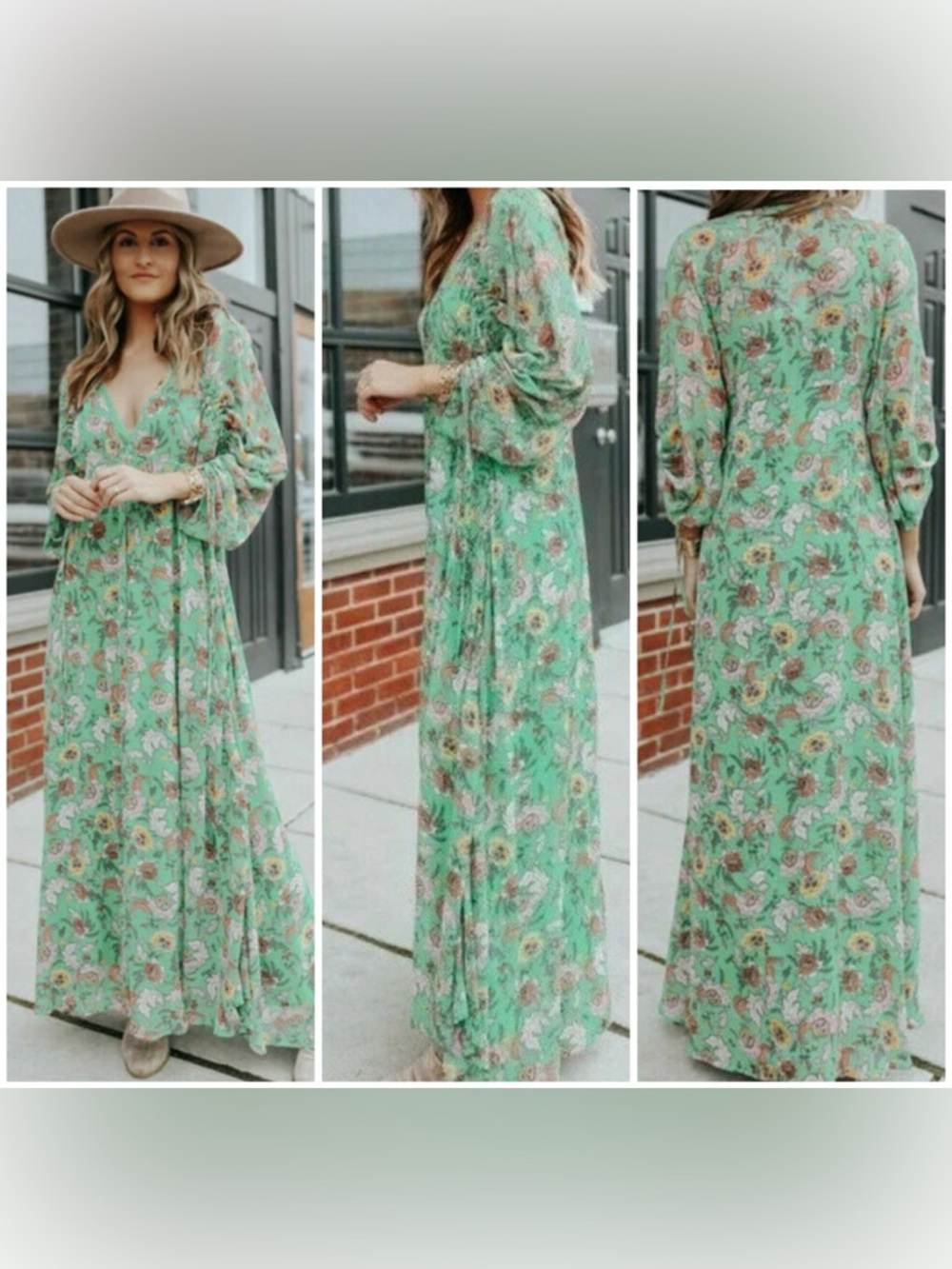 FREE PEOPLE Size M Earthfolk Maxi Dress FLORAL PRINT GREEN COMBO RUCHED FLOWY